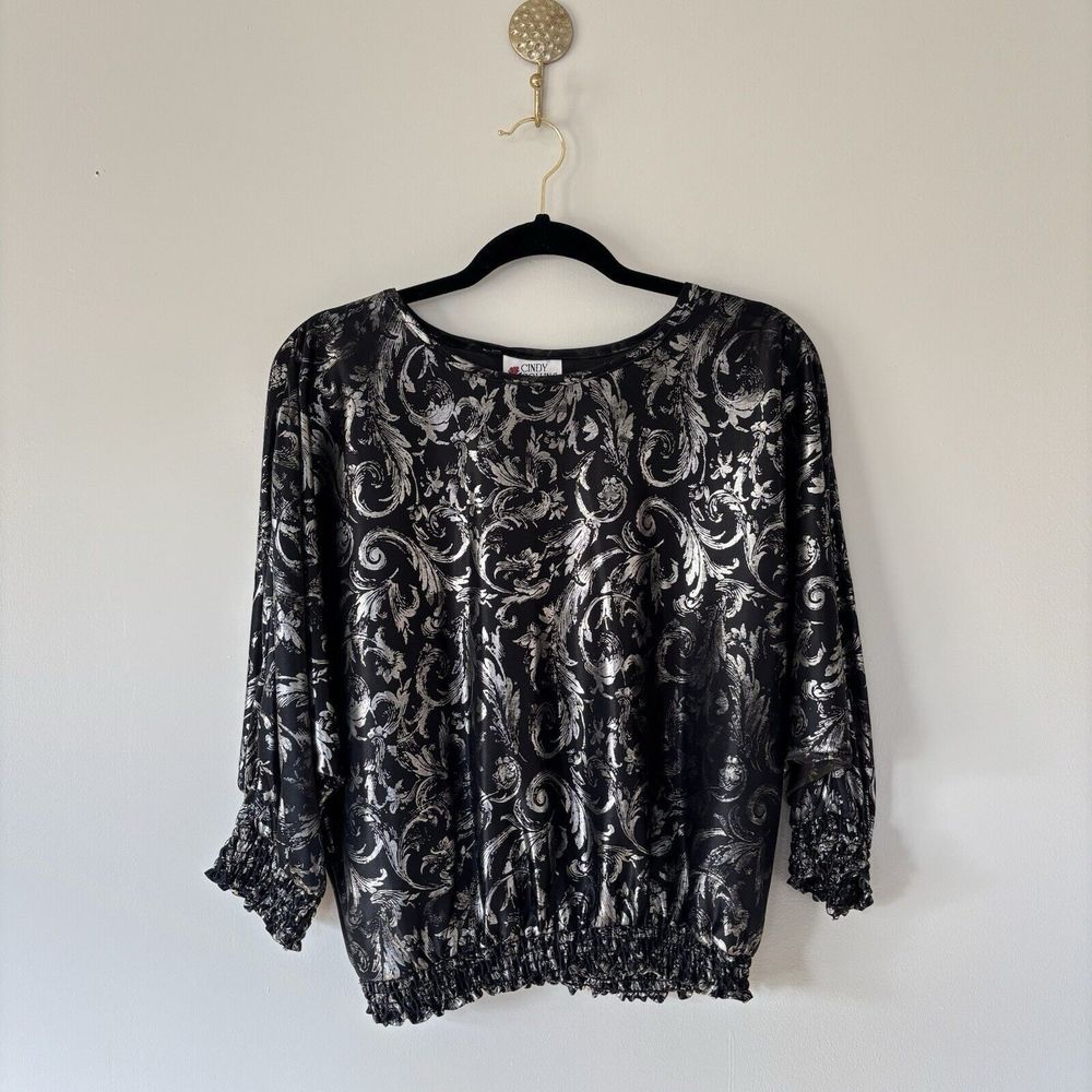 Cindy Collins Jacquard Paisley Top Small Batwing Metallic Blouse Maximalist Vtg